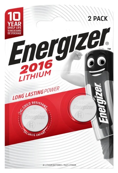 Energizer CR2016 Button Battery, 3 V, 20 mm Diameter, 2 Pack