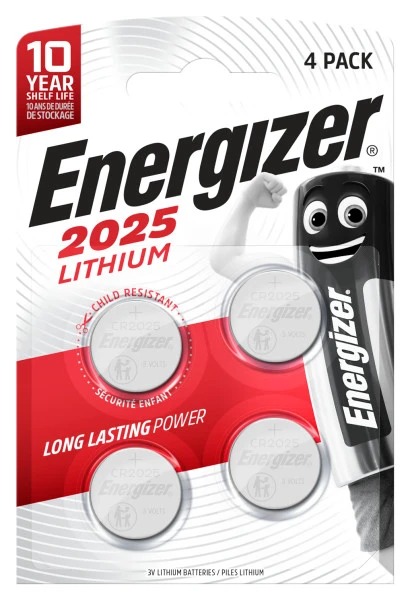 Energizer CR2025 Button Battery, 3 V, 20 mm Diameter, 4 Pack