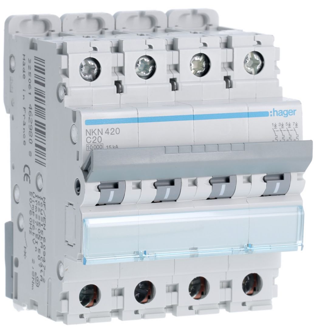 Hager Hager NKN Circuit Breaker, 4P, 20A Curve C, 400V AC, 15 kA Breaking Capacity