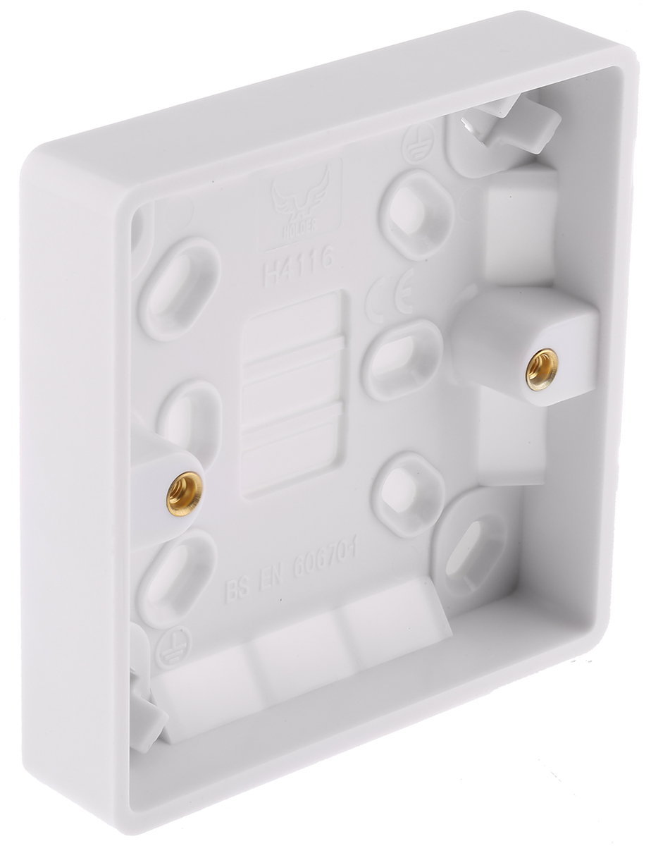 775-8103 RS PRO RS White White White Urea Formaldehyde Back Box, BS, IP20, Surface Mount, 1 Gangs 86.6 mm 86.6mm 16 mm
