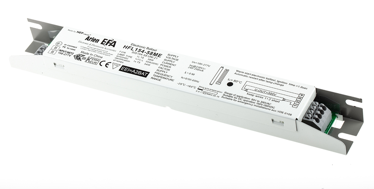 RS PRO 54 (T5 HO) W, 55 (TC-L) W, 58 (T8) W Electronic Compact Fluorescent, Fluorescent Lighting Ballast, 220V, 240 V