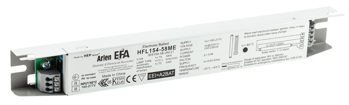 778-5323 RS PRO 54 (T5 HO) W, 55 (TC-L) W, 58 (T8) W Electronic Compact Fluorescent, Fluorescent Lighting Ballast, 220V, 240 V