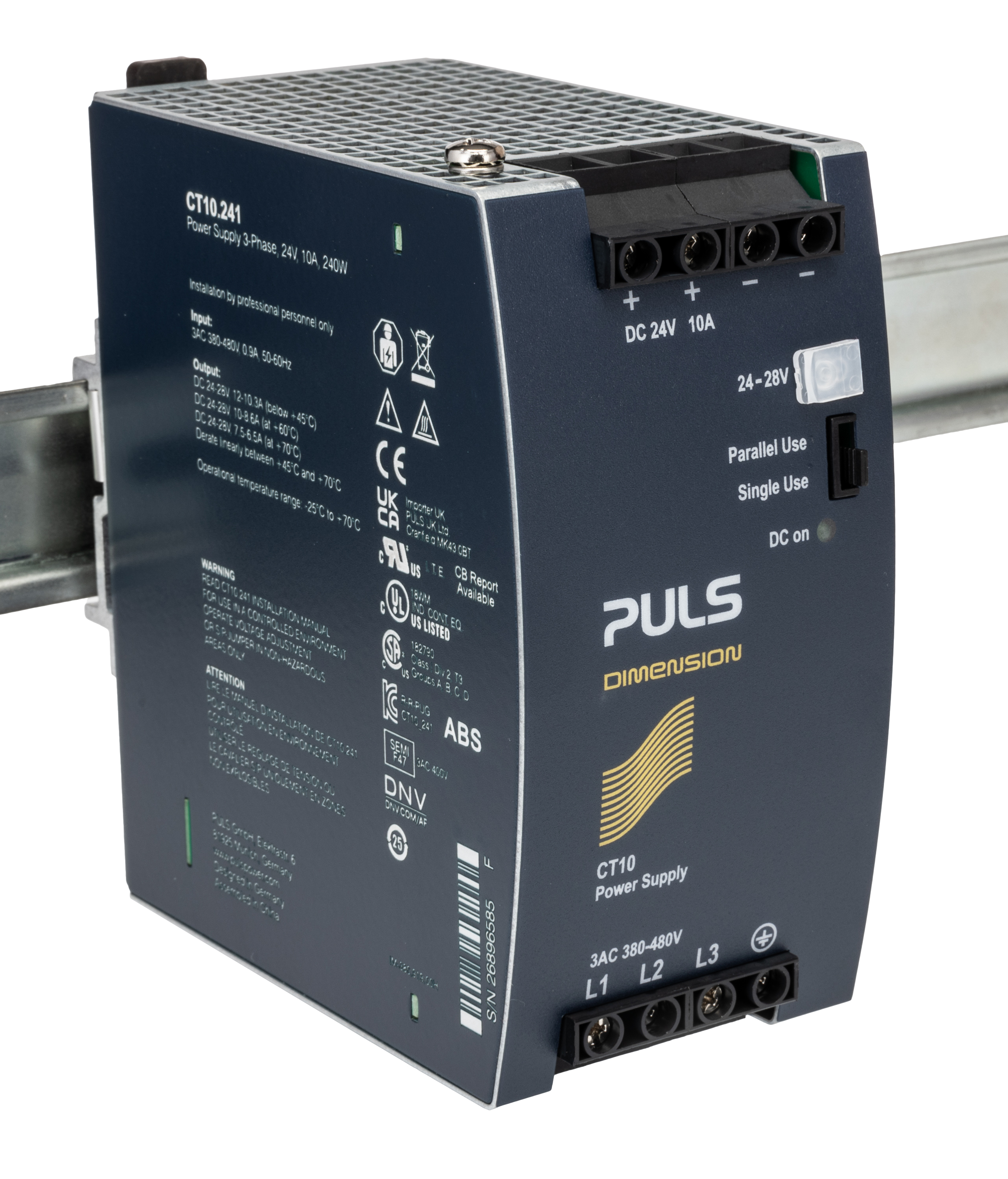 PULS DIMENSION C-Line Switched Mode DIN Rail Power Supply, 380 → 480V ac ac Input, 24V dc dc Output, 10A Output,
