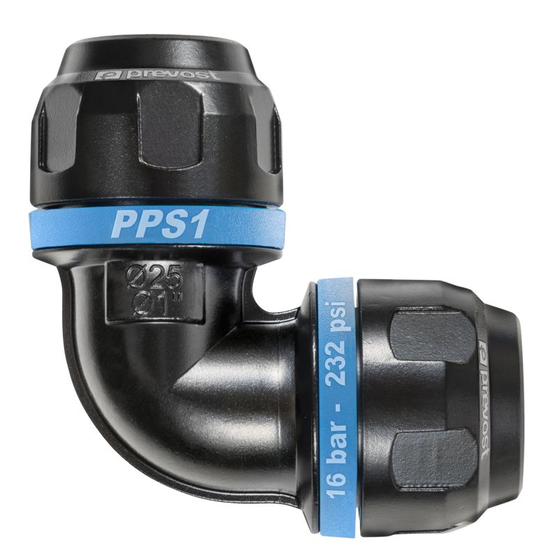 PREVOST 16bar Aluminium Elbow Connector, 25mm outside diameter