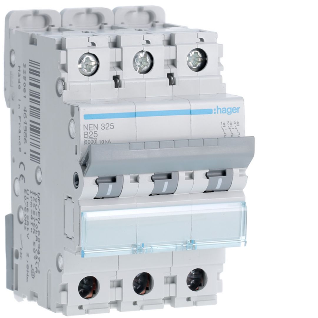 Hager Hager NEN Circuit Breaker, 3P, 25A Curve B, 400V AC, 10 kA Breaking Capacity