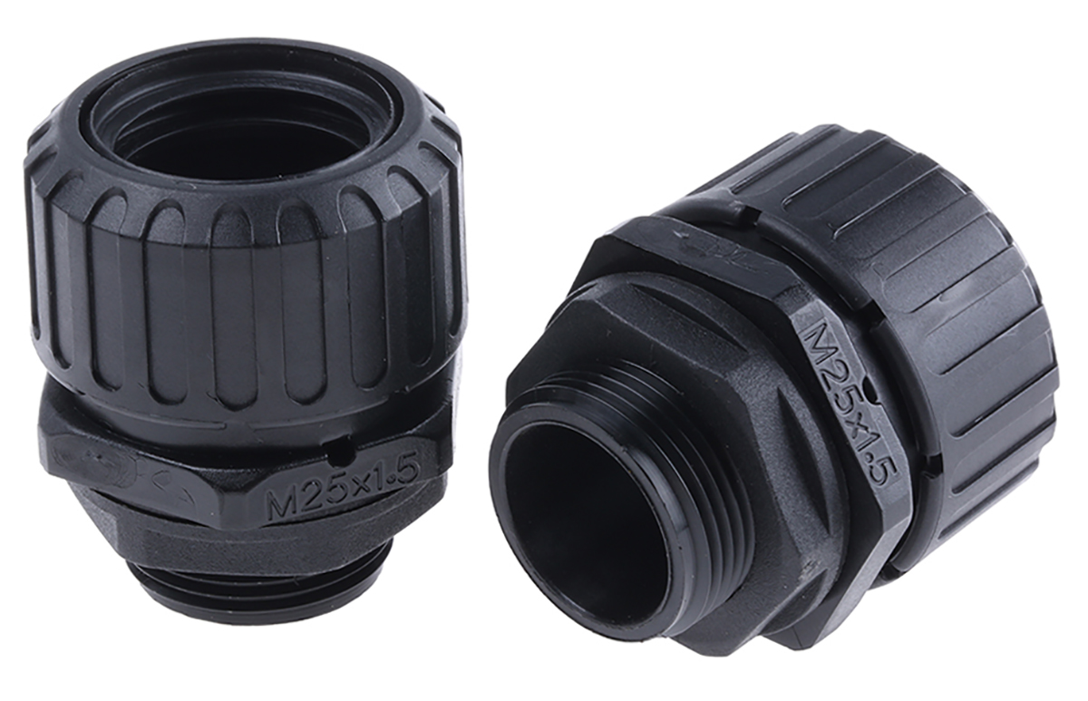 Adaptaflex Black, Conduit Fitting, 25 mm Nominal Size, M25, Polyamide 66, Black IP67 rating