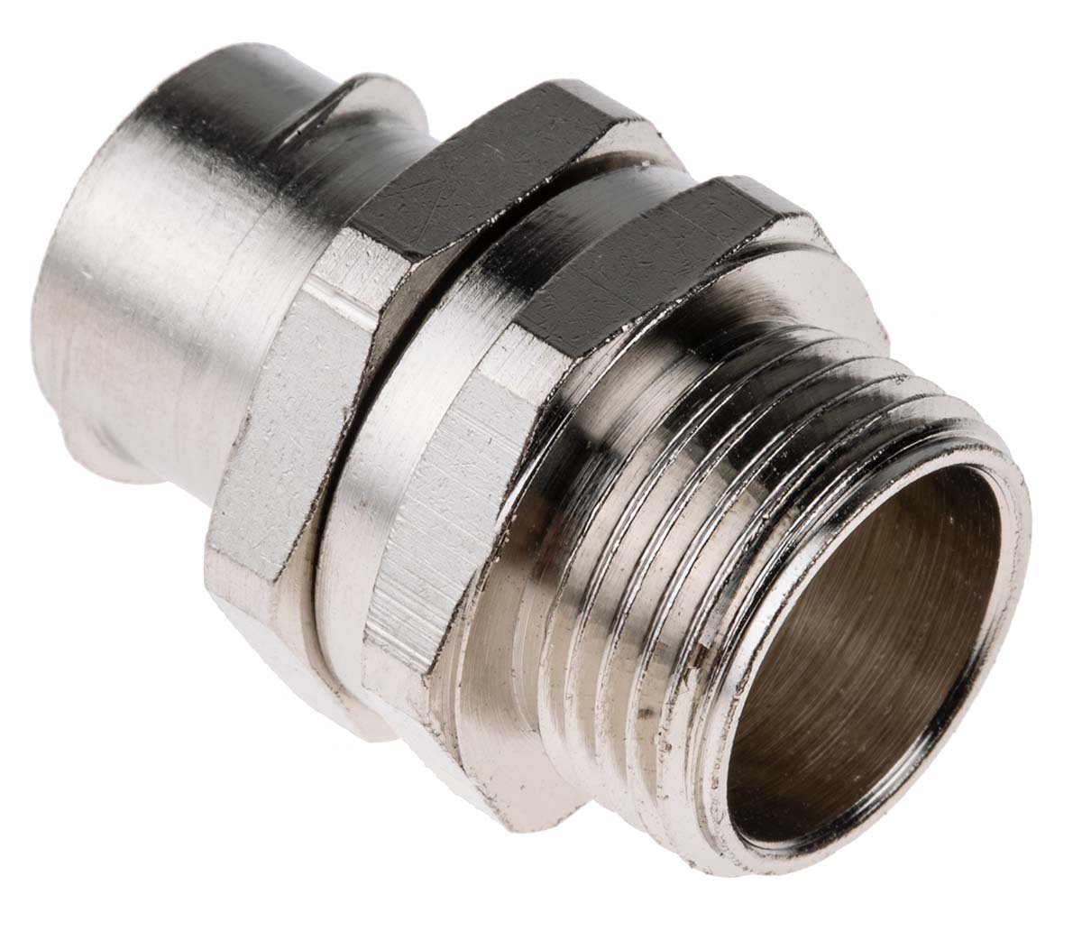 Adaptaflex Nickel, Conduit Fitting, 20 mm Nominal Size, M20, Brass, Silver IP40 rating