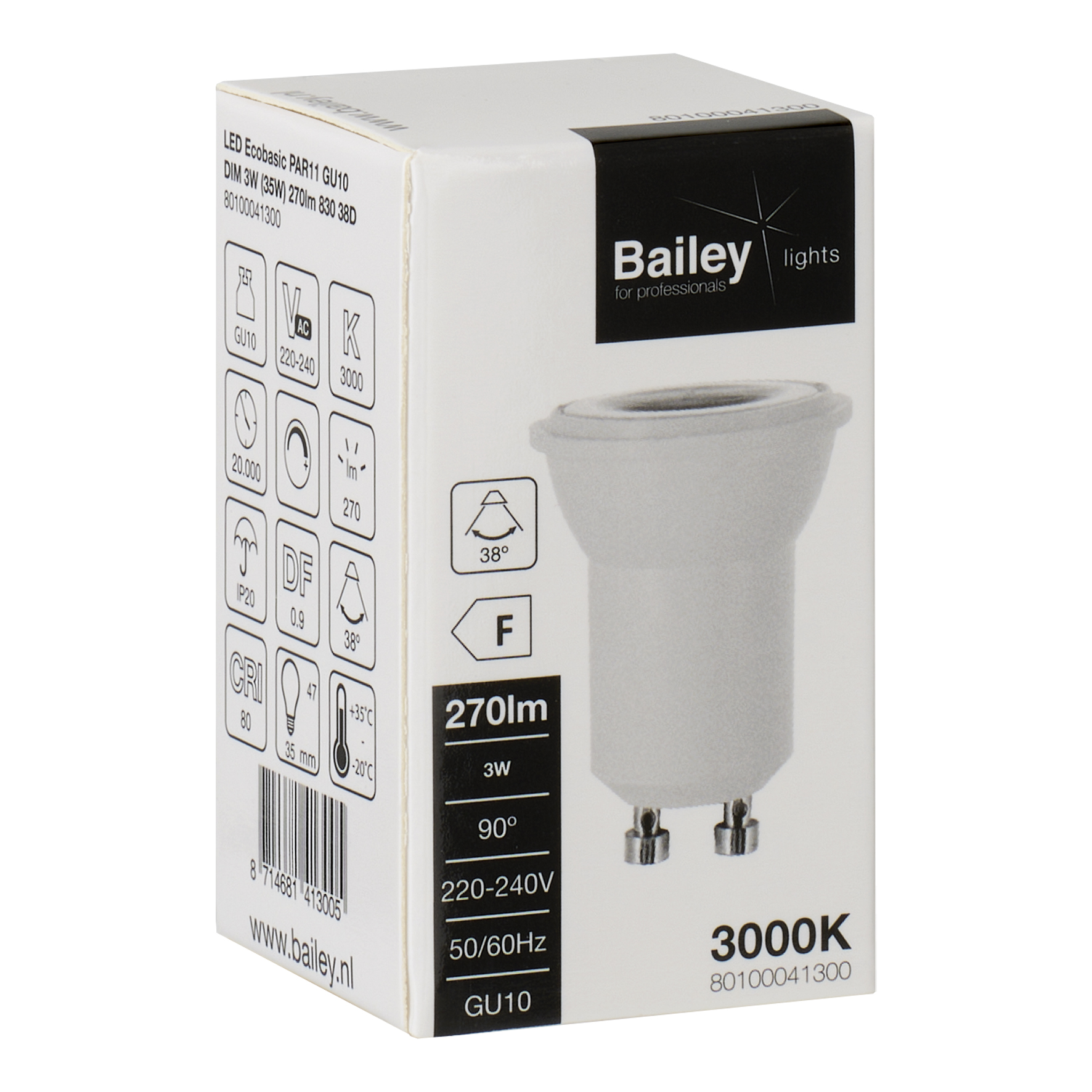 80100041300 Bailey Electric Ecobasic LED Spot GU10 LED Bulbs, Warm White, Reflector shape