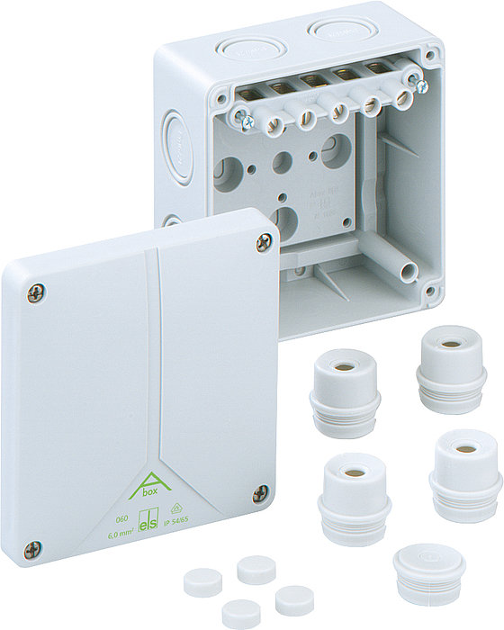 Spelsberg Abox 060-6² Series Grey Polystyrene Junction Box, IP65, 5 Terminals, VDE, 127 mm, 127mm 70 mm