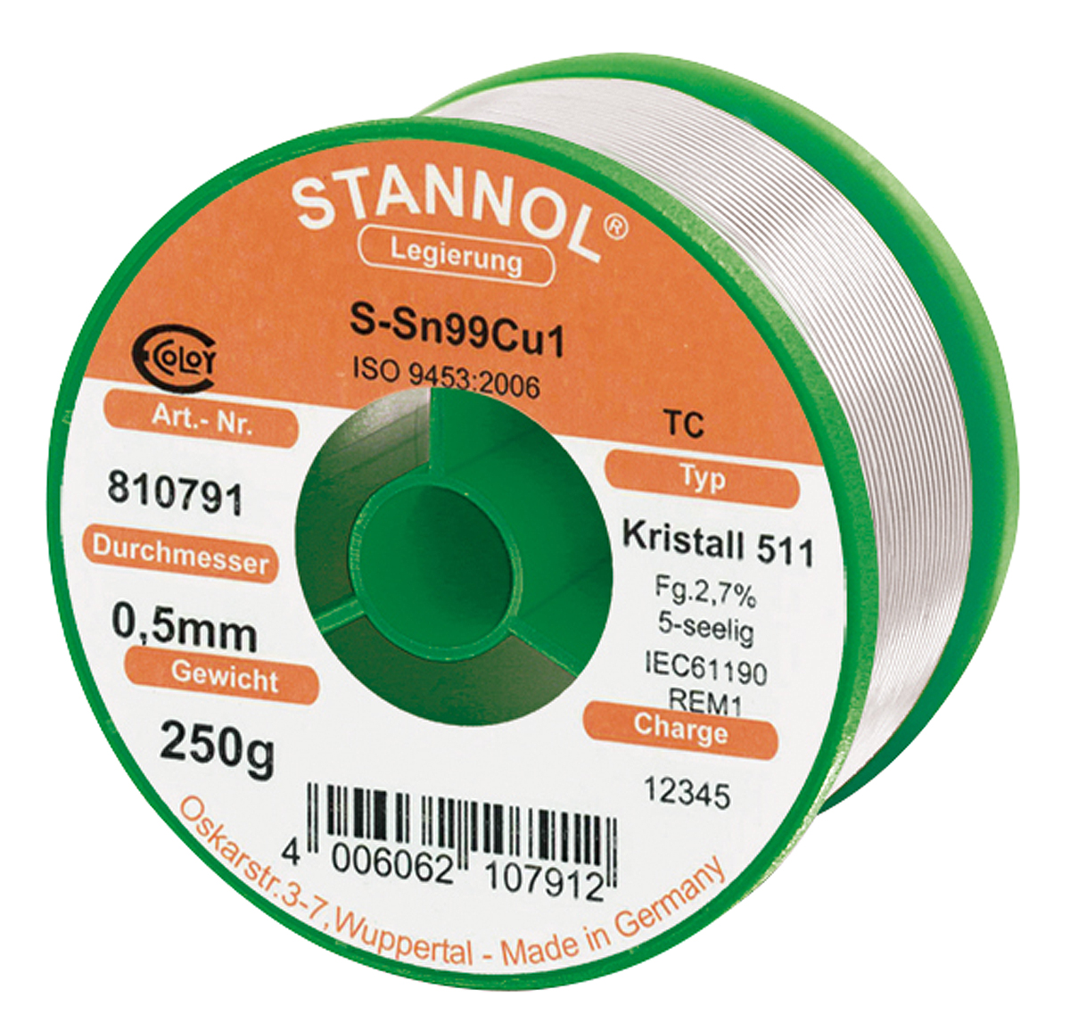 Stannol Wire, 0.5 mm Lead Free Solder, 227 °C Melting Point