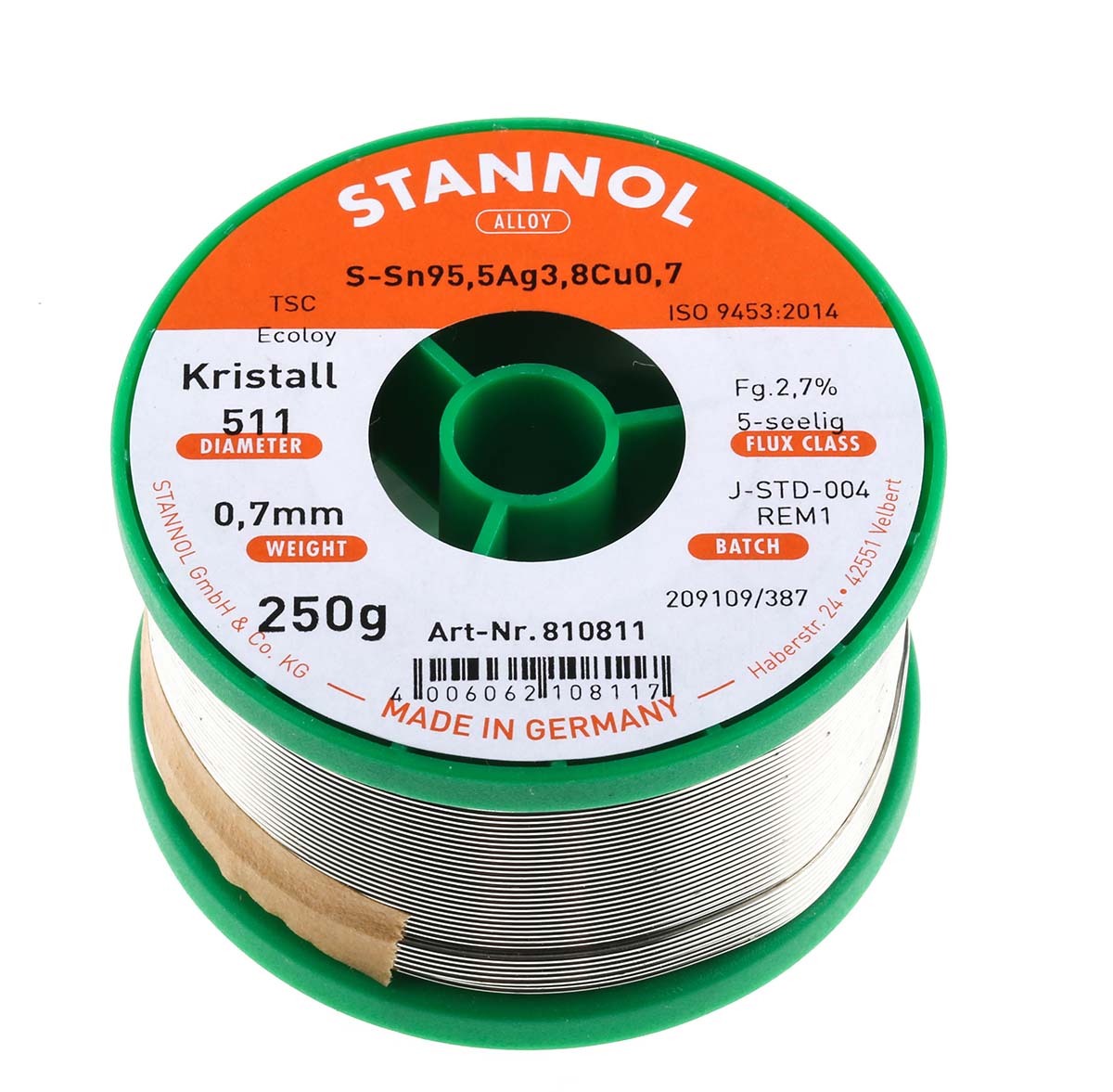 Stannol Wire, 0.7 mm Lead Free Solder, 217 °C Melting Point