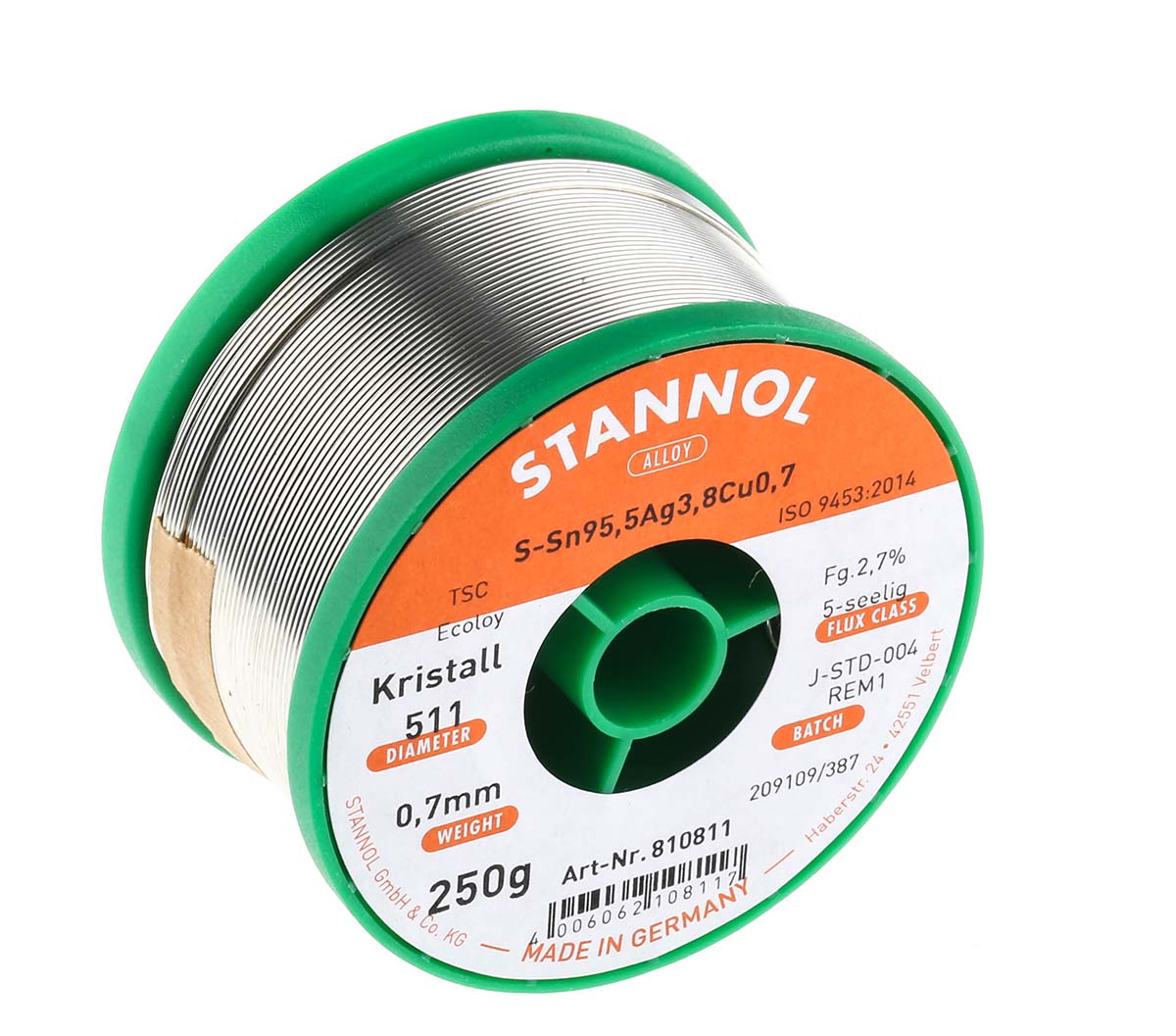 810811 Stannol Wire, 0.7 mm Lead Free Solder, 217 °C Melting Point