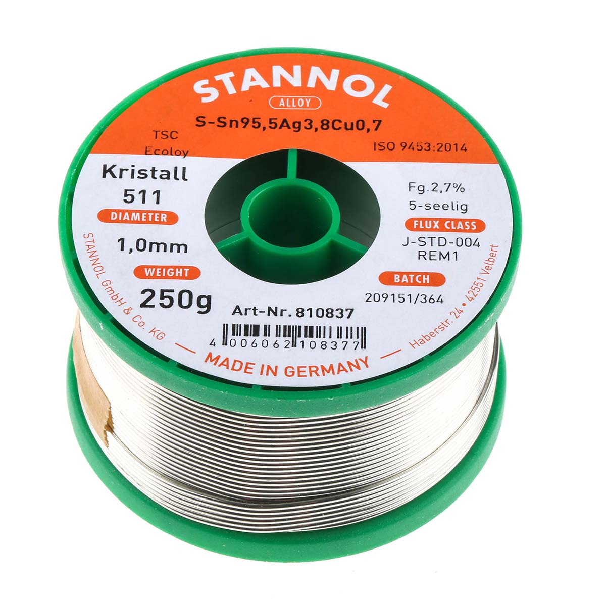 Stannol Wire, 1 mm Lead Free Solder, 217 °C Melting Point