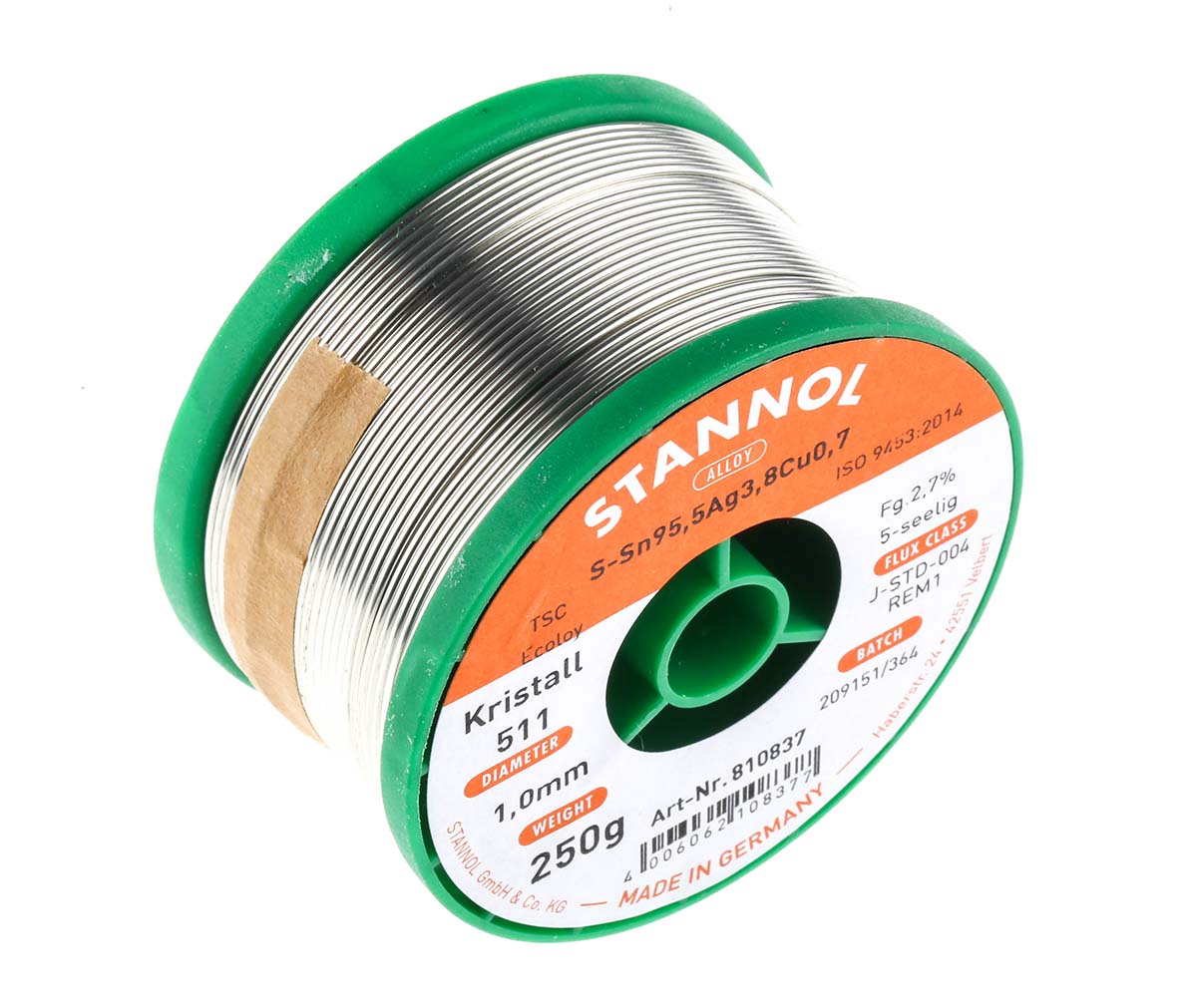 810837 Stannol Wire, 1 mm Lead Free Solder, 217 °C Melting Point