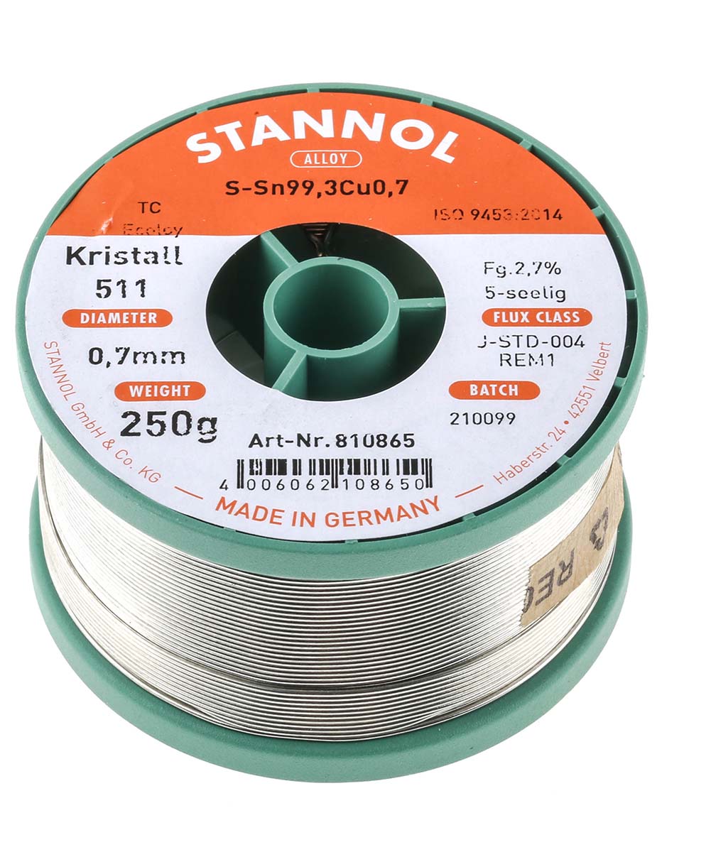Stannol Wire, 0.7 mm Lead Free Solder, 227 °C Melting Point