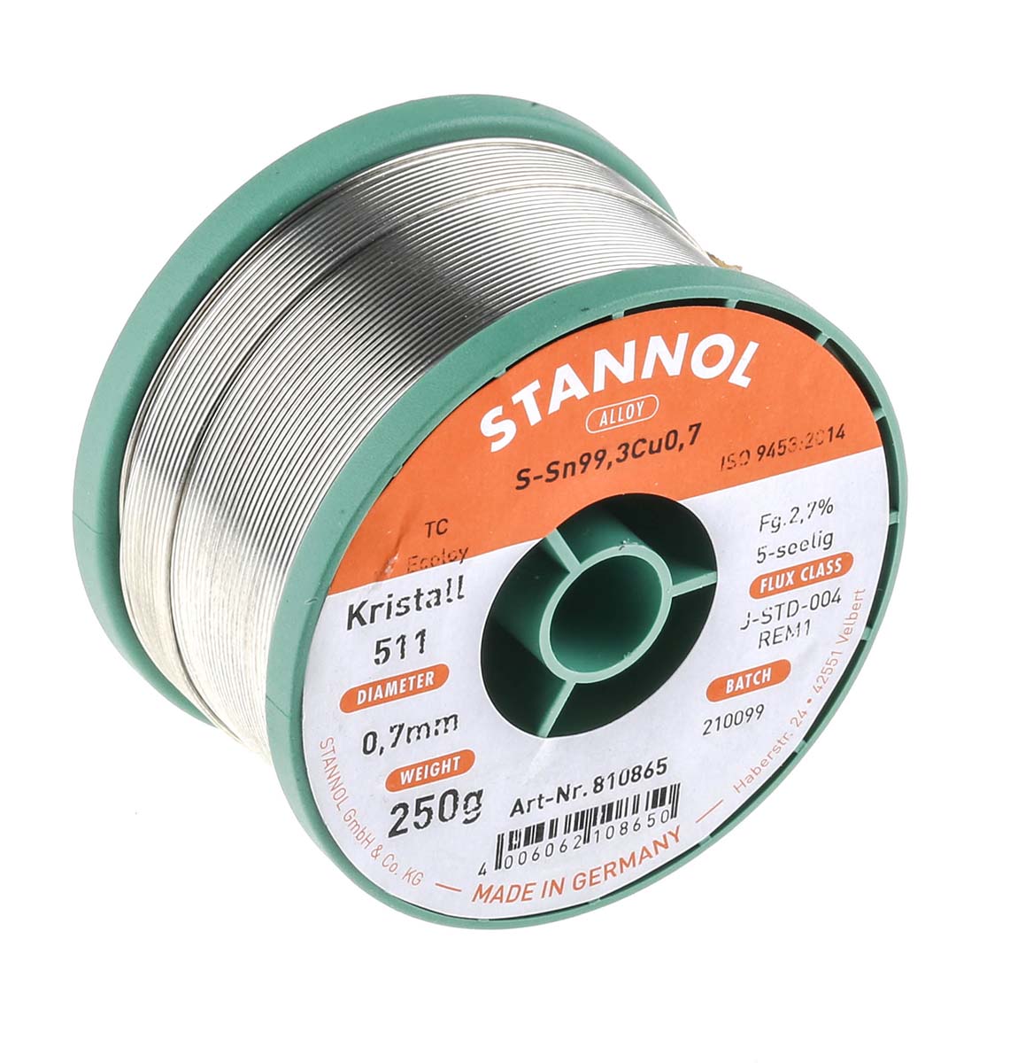 810865 Stannol Wire, 0.7 mm Lead Free Solder, 227 °C Melting Point