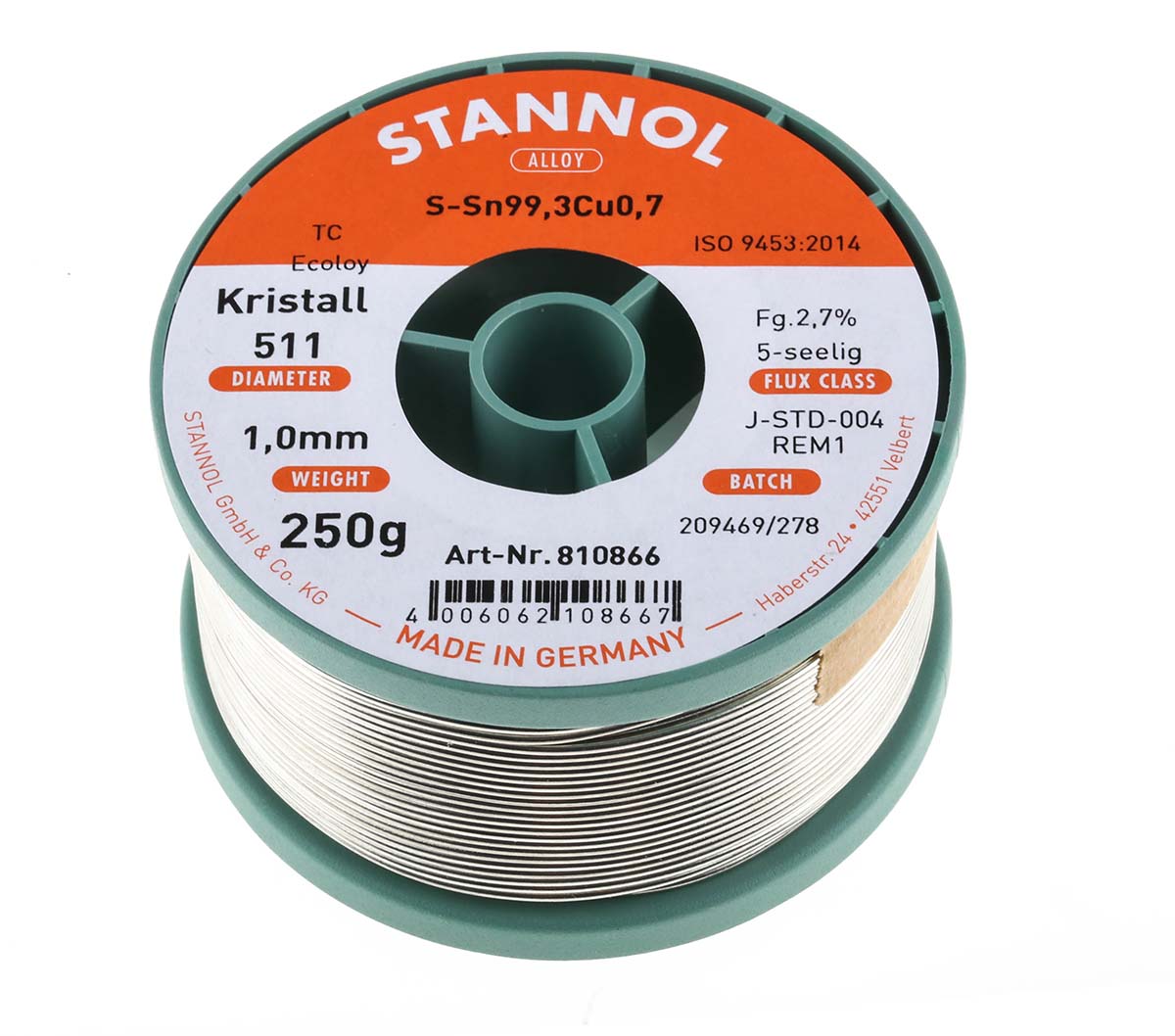 Stannol Wire, 1 mm Lead Free Solder, 227 °C Melting Point