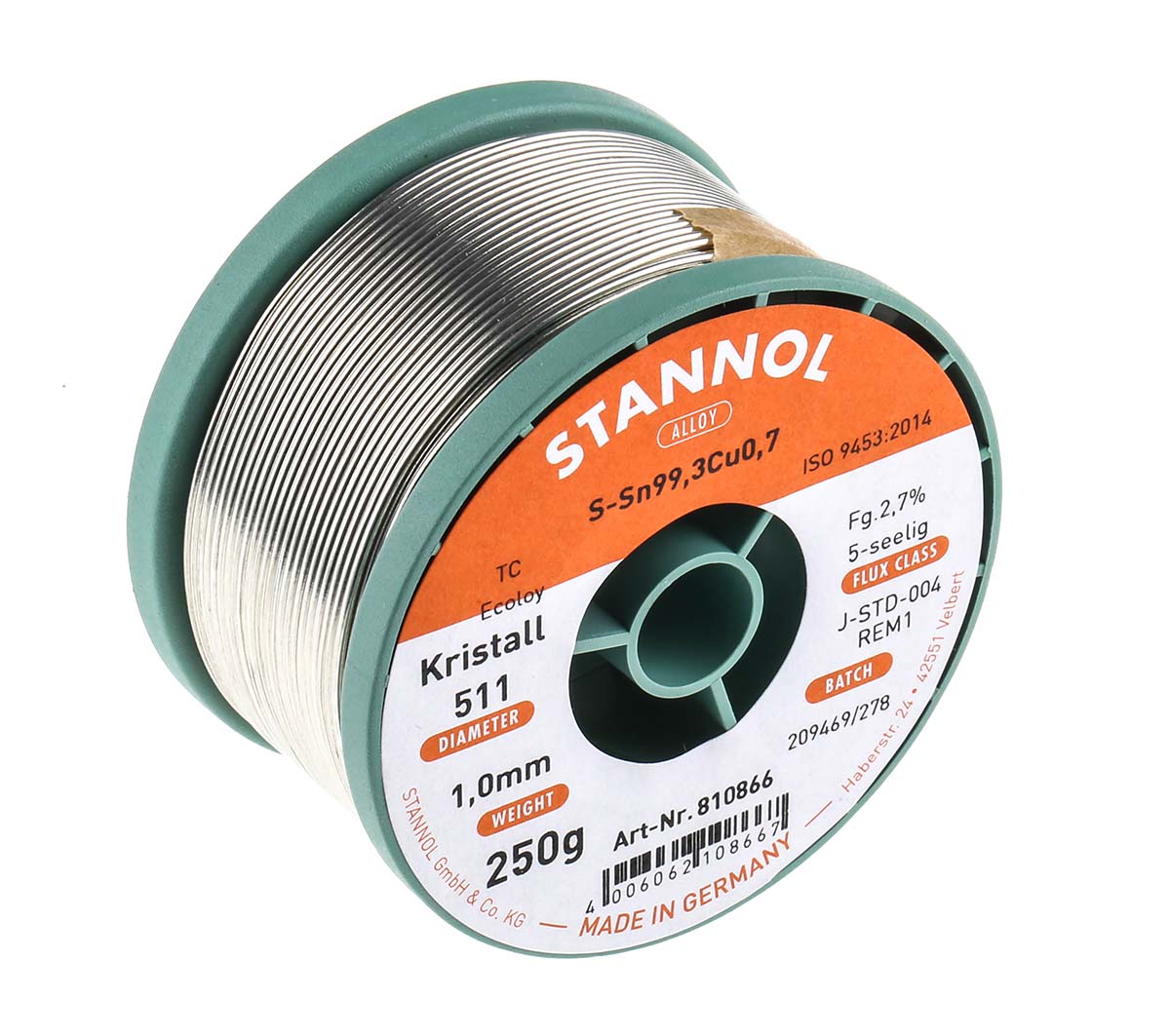 810866 Stannol Wire, 1 mm Lead Free Solder, 227 °C Melting Point