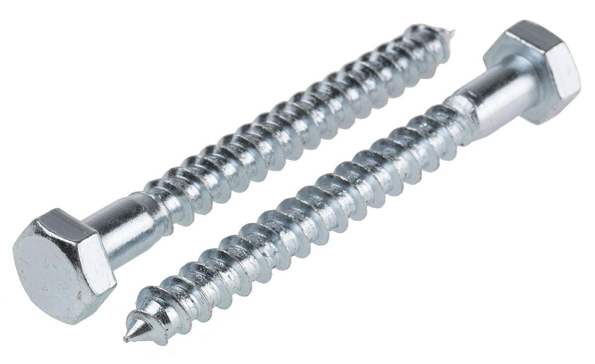 RS PRO Hex Coach Screw, Steel Bright Zinc, M12 x 75 mm x 12 mm