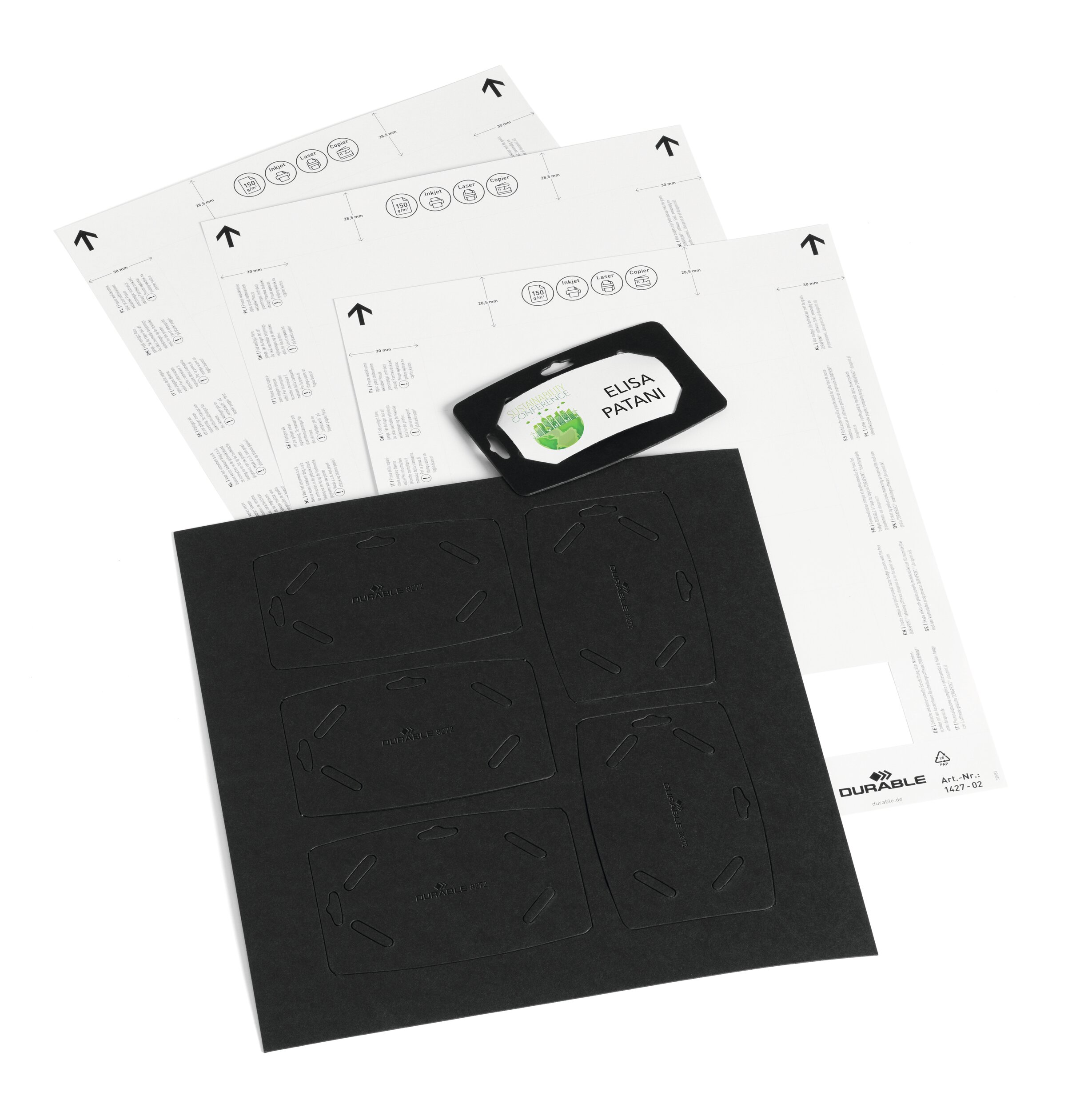 827201 Durable Black 100% Recycled Cardboard Name Badge 20 name badge holders, 3 printable A4 sheets
