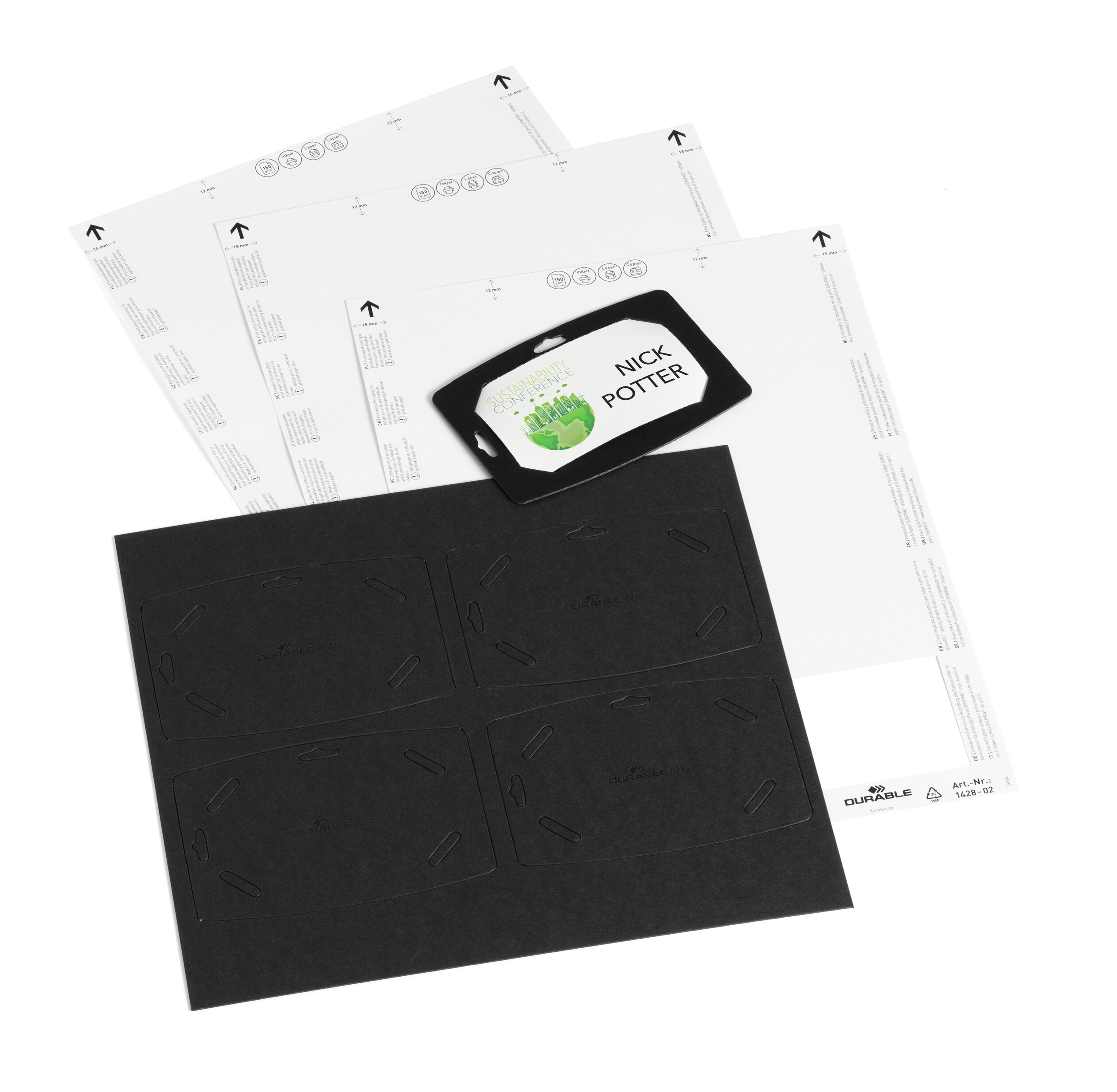 827301 Durable Black 100% Recycled Cardboard Name Badge 20 name badge holders, 3 printable A4 Badgemaker sheets