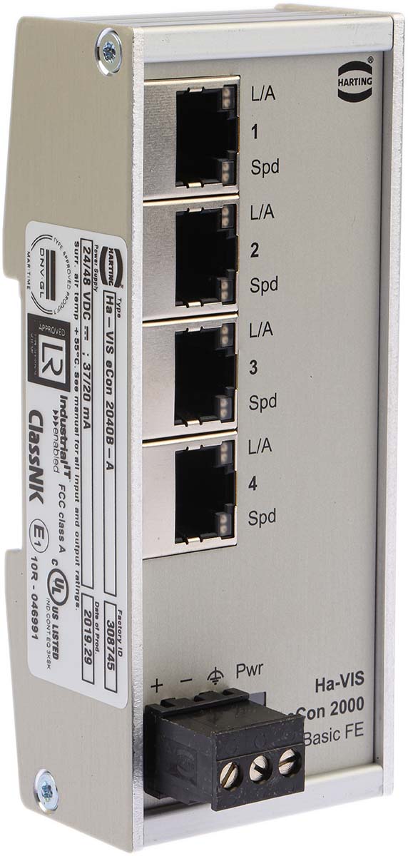 HARTING DIN Rail Mount Industrial Ethernet Switch, 4 RJ45 Ports, 10/100Mbit/s Transmission, 28/48V dc