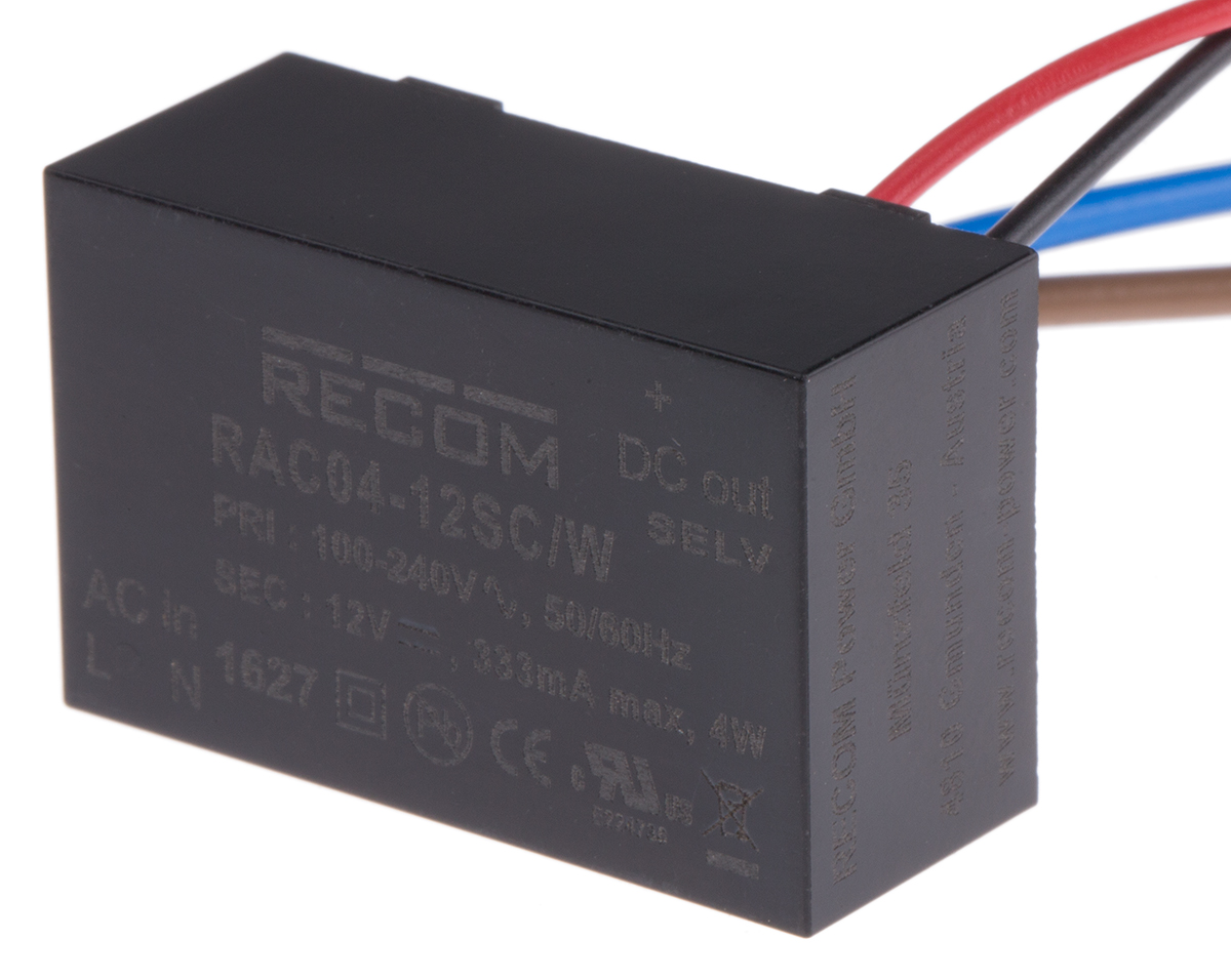 Recom Switching Power Supply, RAC04-12SC/W, 12V dc, 333mA, 4W, 1 Output, 115 → 370 V dc, 80 → 264V ac