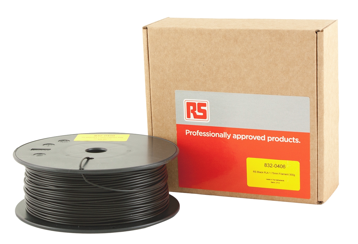 832-0406 RS PRO 1.75 mm Black PLA 3D Printer Filament, 300 g