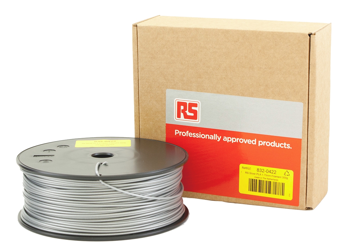 832-0422 RS PRO 1.75 mm Silver PLA 3D Printer Filament, 300 g