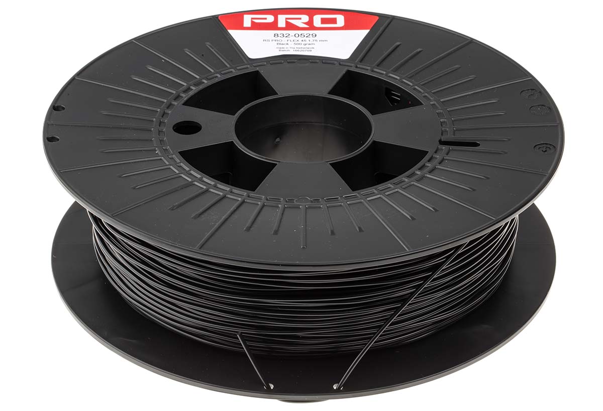 832-0529 RS PRO 1.75 mm Black FLEX 45 3D Printer Filament, 500 g