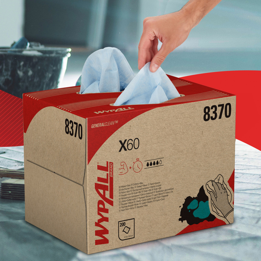 8370 WYPALL WYPALL Blue Cloths for Industrial Cleaning, Dry Use, Box of 200 Per Pack, 418 x 283 mm, Single Use