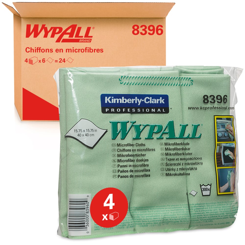 WYPALL WypAll® (8396) Green Microfibre Cloths for Glass and Mirror Cleaning, Dry Use, Pack of 6 Per Pack, 400 x 400 mm,