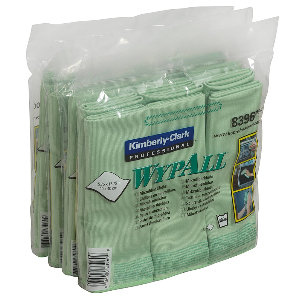 8396 WYPALL WypAll® () Green Microfibre Cloths for Glass and Mirror Cleaning, Dry Use, Pack of 6 Per Pack, 400 x 400 mm,