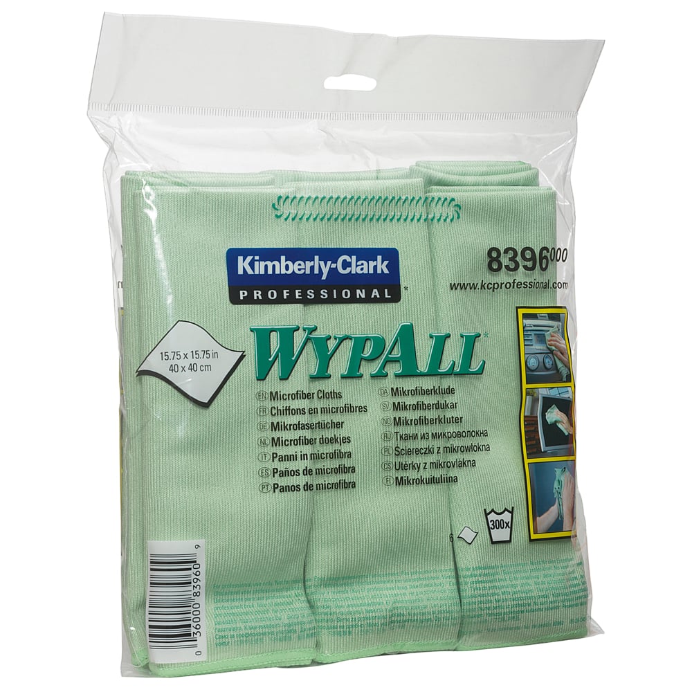 8396 WYPALL WypAll® () Green Microfibre Cloths for Glass and Mirror Cleaning, Dry Use, Pack of 6 Per Pack, 400 x 400 mm,