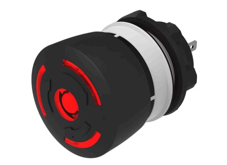 EAO 84-6331 Series Maintained Illuminated Emergency Stop Push Button, Panel Mount, 22.3 mm Cutout, 1 NO/1 NC, IP67,