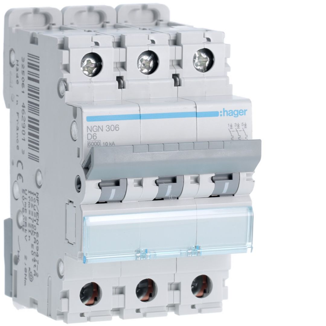 Hager NGN MCB, 3P, 6A, 400V AC, 10 Breaking Capacity