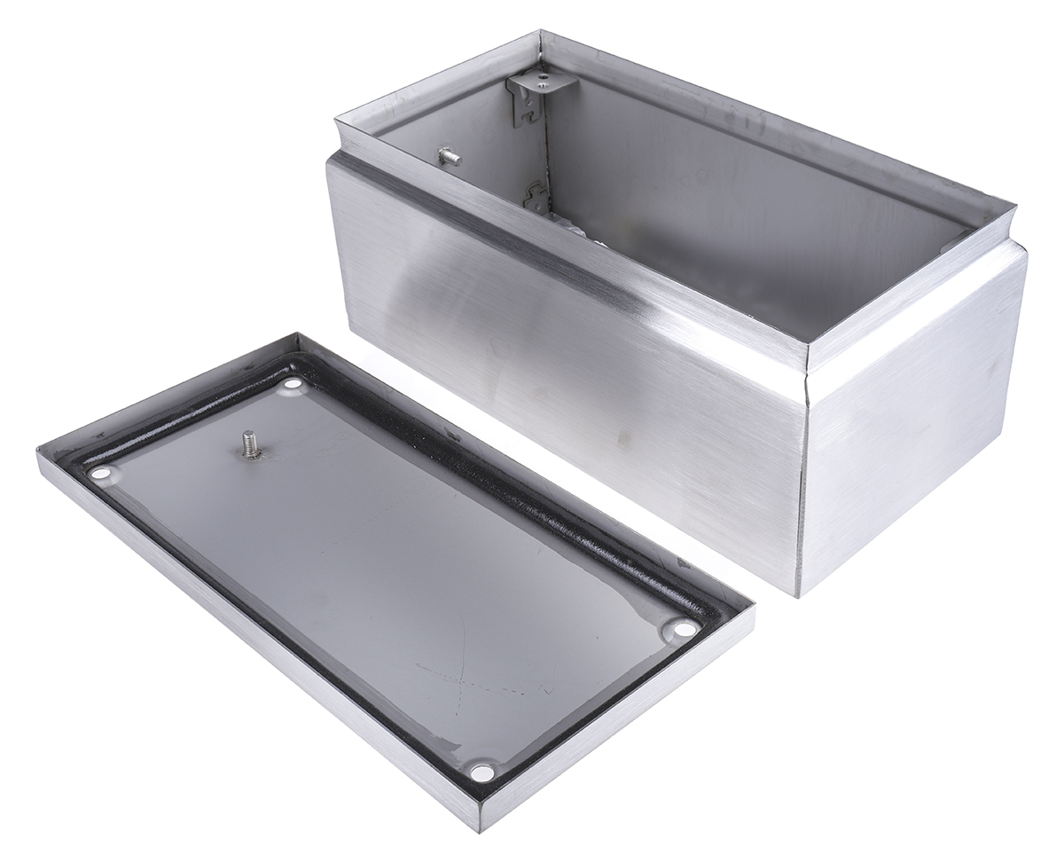 842-8318 RS PRO TLX Series Unpainted Stainless Steel Terminal Box, IP66, 300 mm, 150mm 120 mm