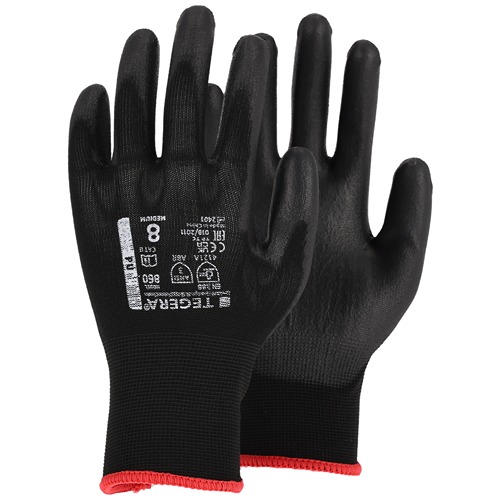 Tegera TEGERA Black Nylon Work Gloves, Size 5, Polyurethane Coating