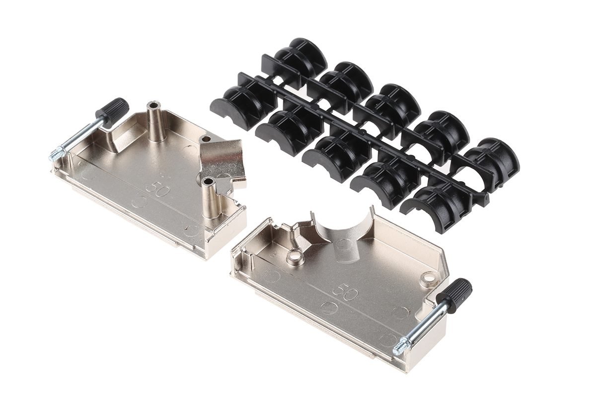 Amphenol Communications Solutions 8655MHR Series Die Cast Zinc Angled D-Sub Backshell, 50 Way Strain Relief