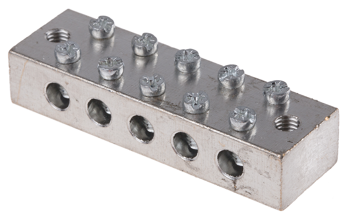RS PRO 5-Way CE (BS EN 60998) Earth Block, 16AWG Wire, Screw, Brass Housing