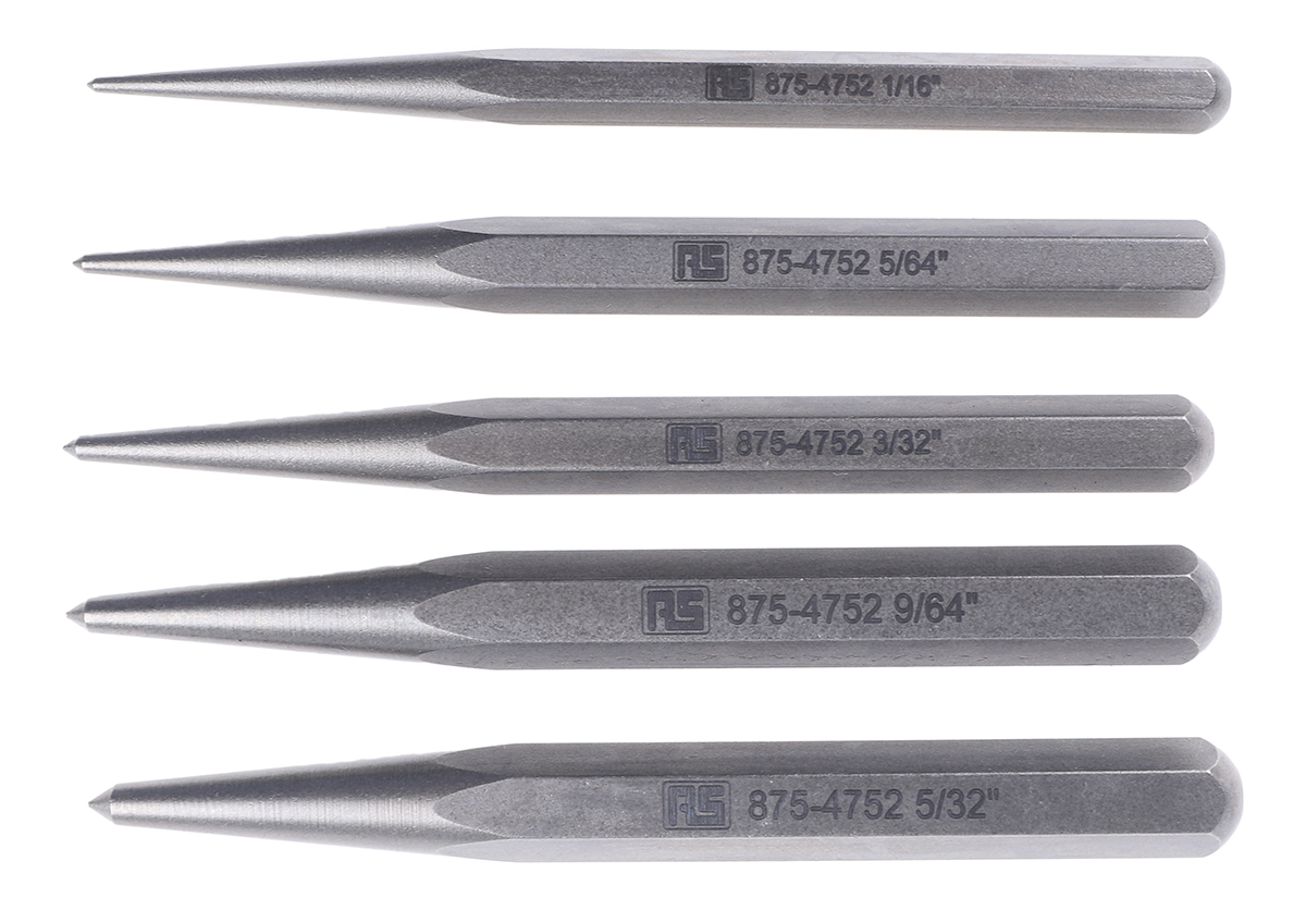 RS PRO 5-Piece Punch Set, Centre Punch, 3.97mm Shank, 105 mm Overall