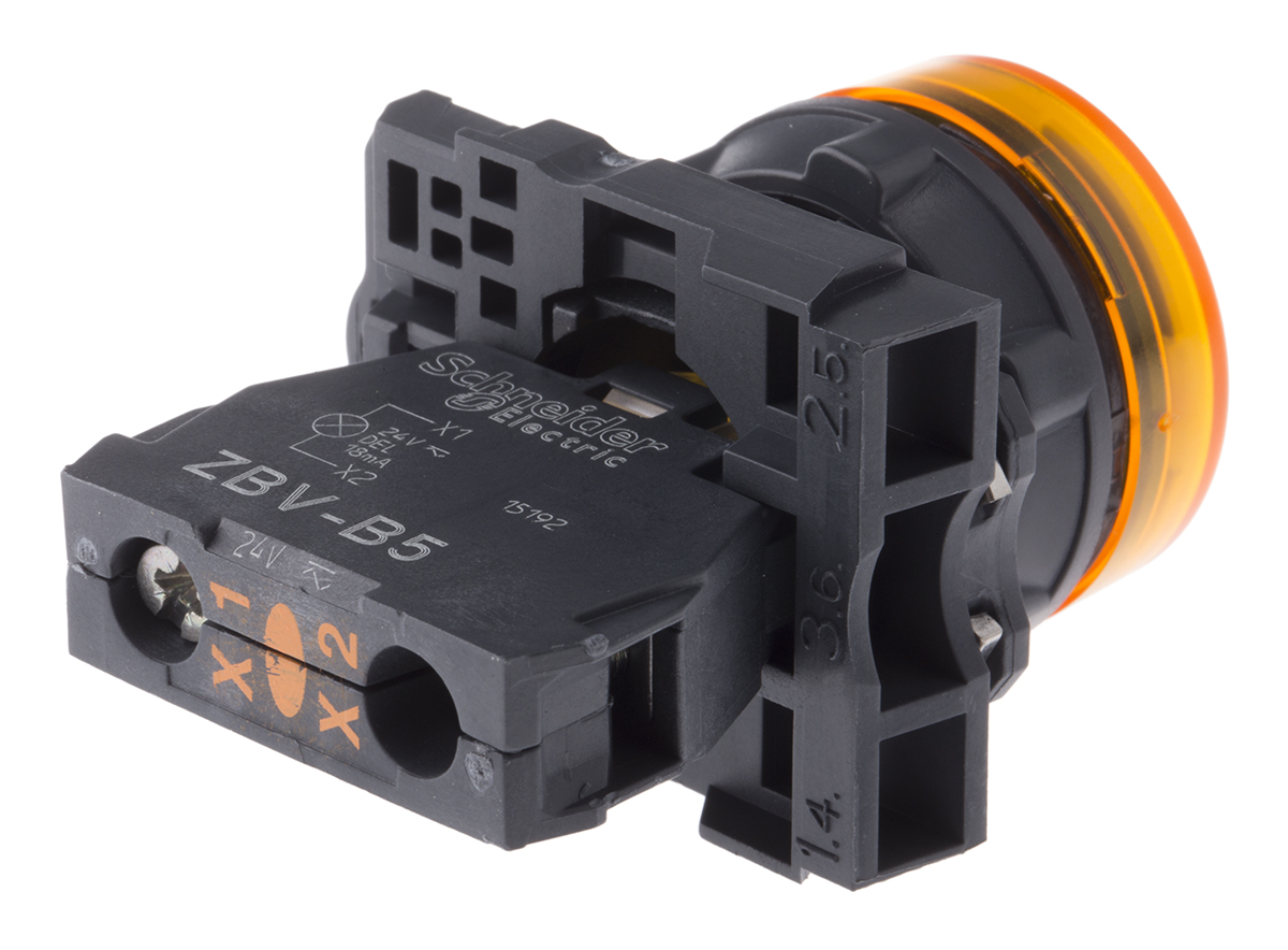 xb5avb5 Schneider Electric, Harmony, Panel Mount Orange LED Pilot Light, 22 mm Cutout, IP66, IP67, Round