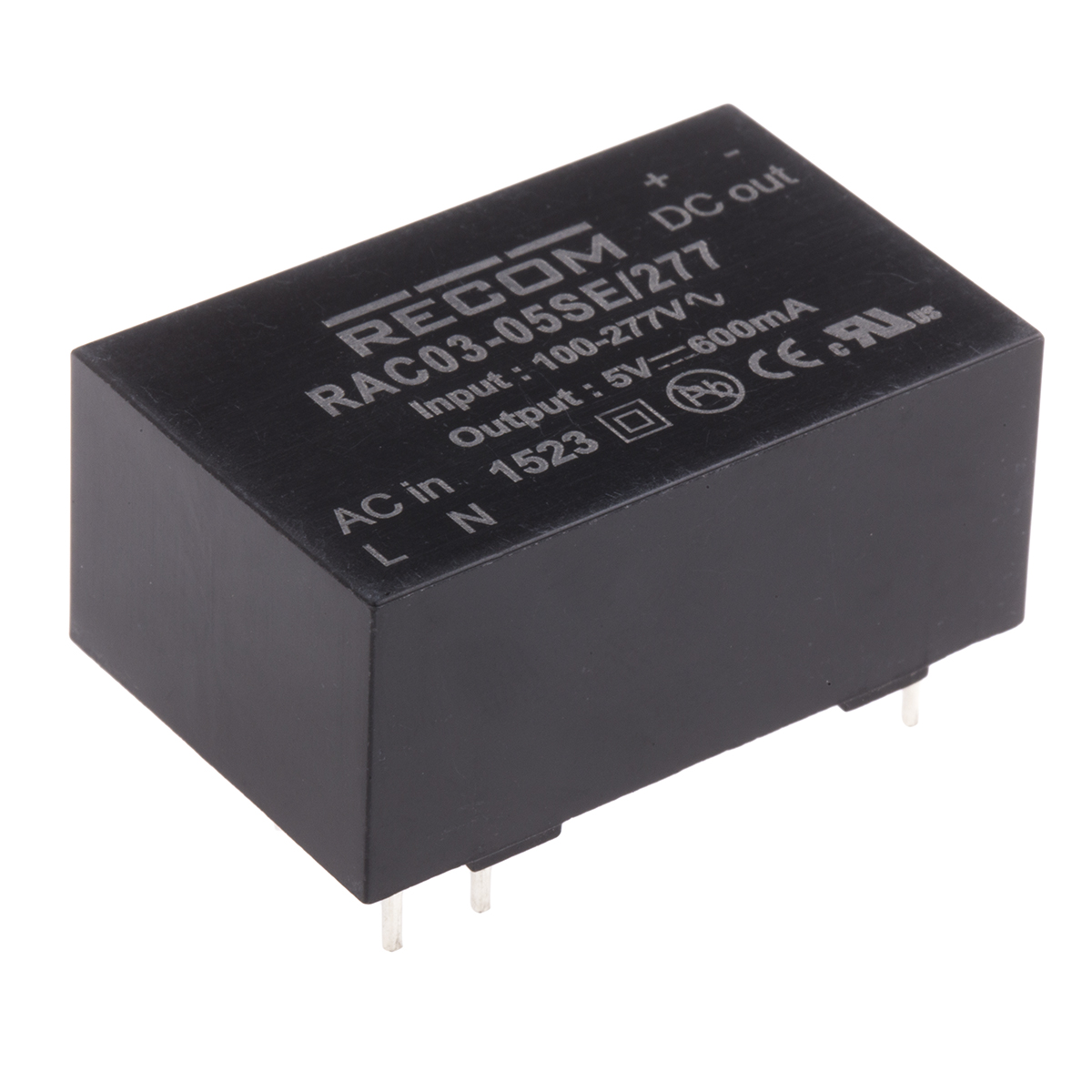 Recom Switching Power Supply, RAC03-05SE/277, 5V dc, 600mA, 3W, 1 Output, 120 → 430 V dc, 85 → 305 V ac