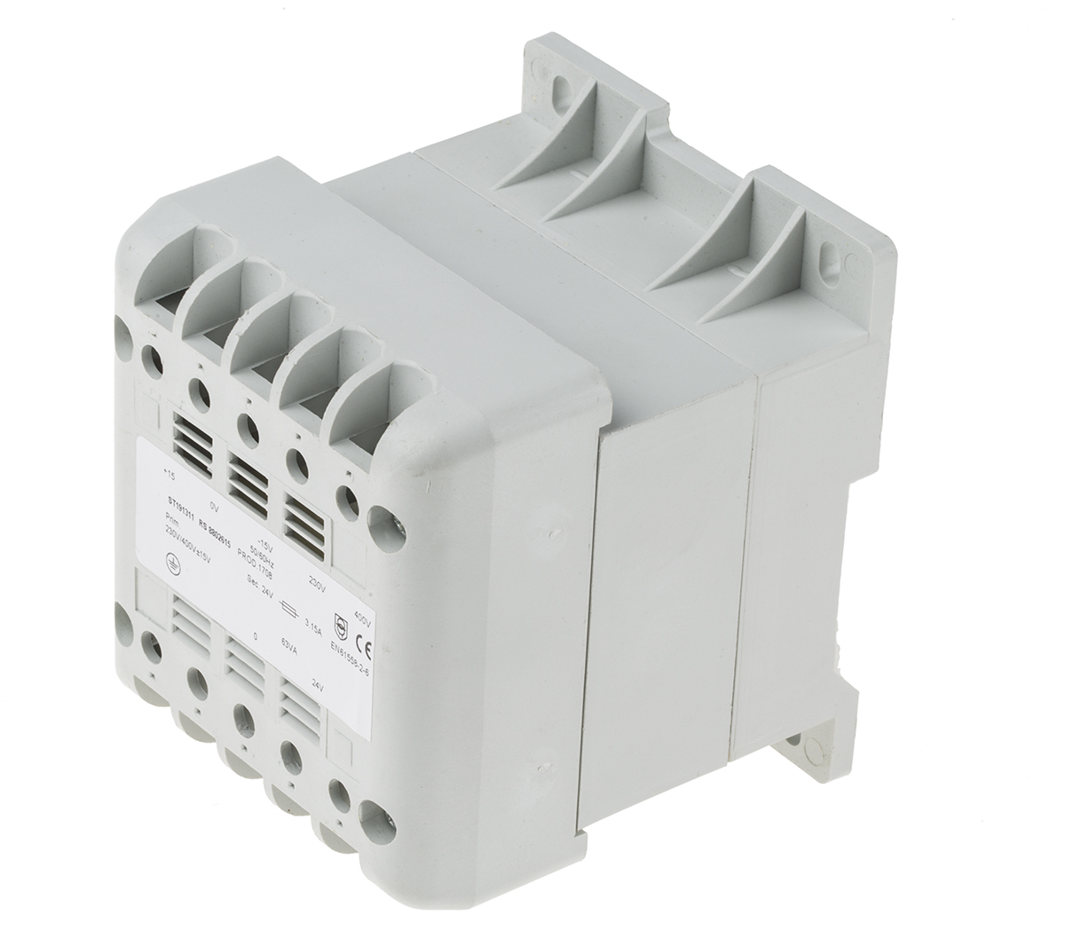 RS PRO 63 VA DIN Rail Transformer, 230 V, 400 V ac Primary, 24 V Secondary, IEC/BS/EN 61558-2-4, AS/NZS 61558.1,
