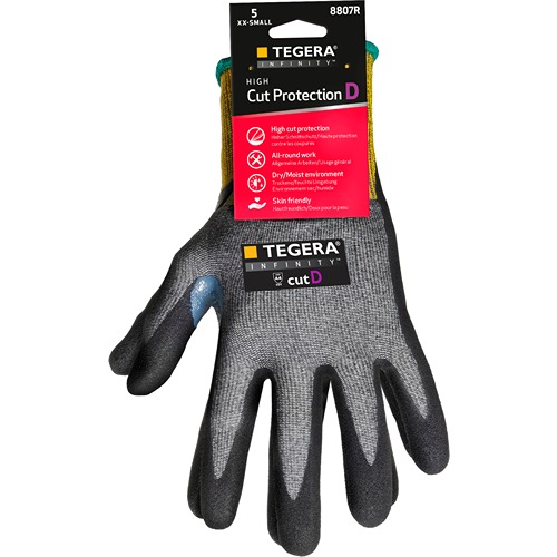 Tegera Infinity 8807R Black, Yellow CRF Technology, Fibreglass Thread, HPPE, Nylon, Spandex Work Gloves, Size 9,
