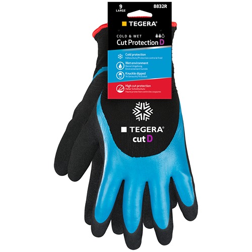Tegera 8832R Black, Blue Acrylic, CRF Technology, HPPE, Stainless Steel Fibre Yarn Work Gloves, Size 7, Latex Coating