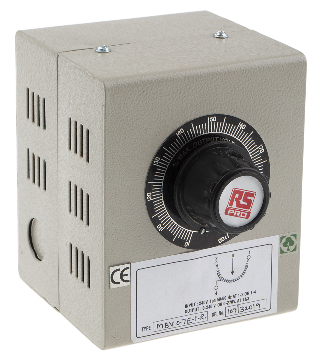 890-2799 RS PRO Variac, 1 Output, 1 Phase 170 VA, 240 V 0 to 270 V