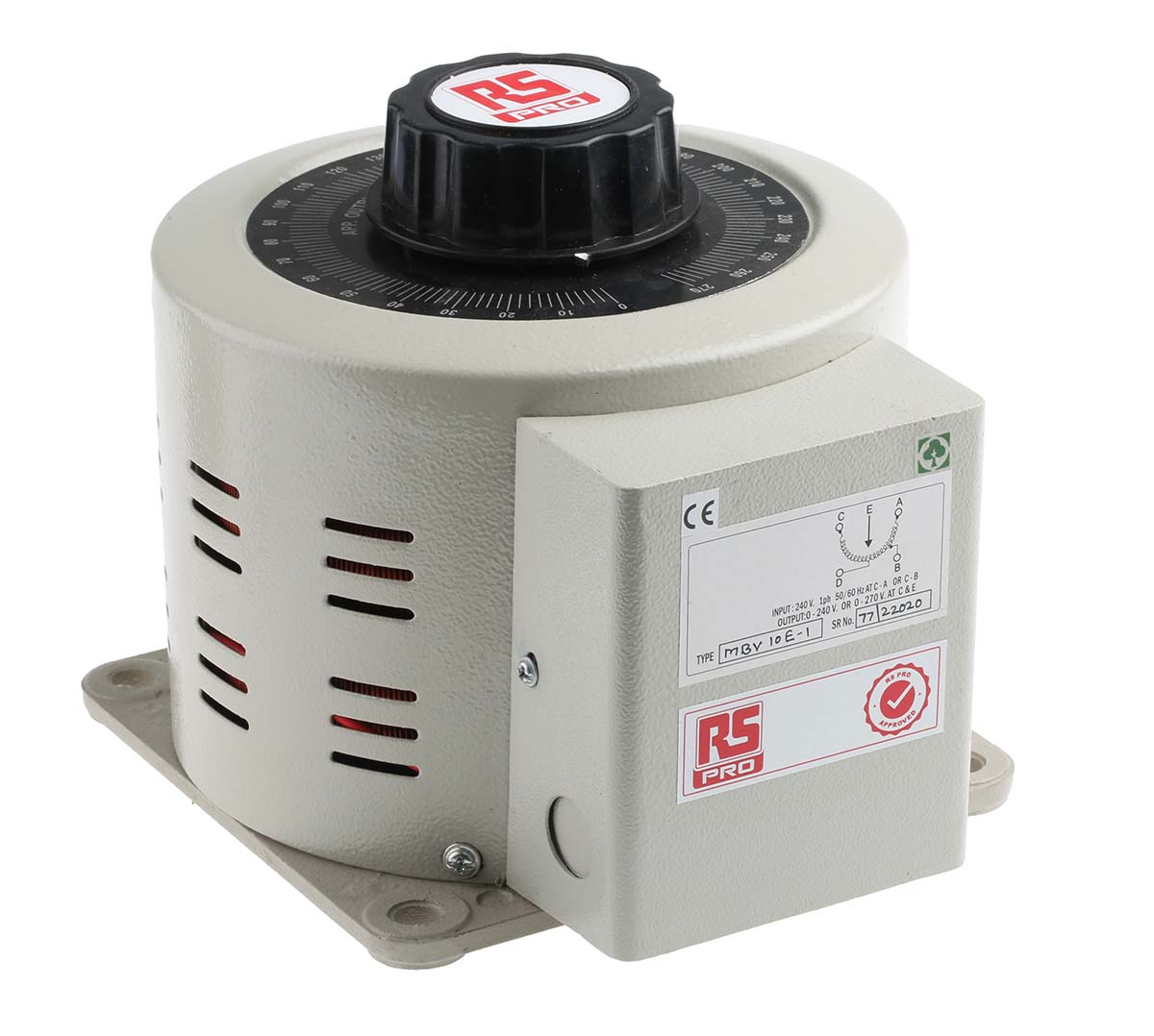 890-2819 RS PRO Variac, 1 Output, 1 Phase 2.4 kVA, 240 V 0 to 270 V