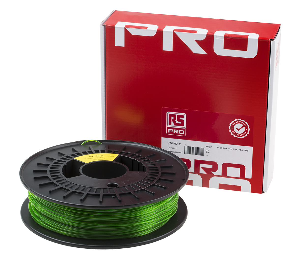 891-9292 RS PRO 1.75 mm Translucent Green PET-G 3D Printer Filament, 500 g