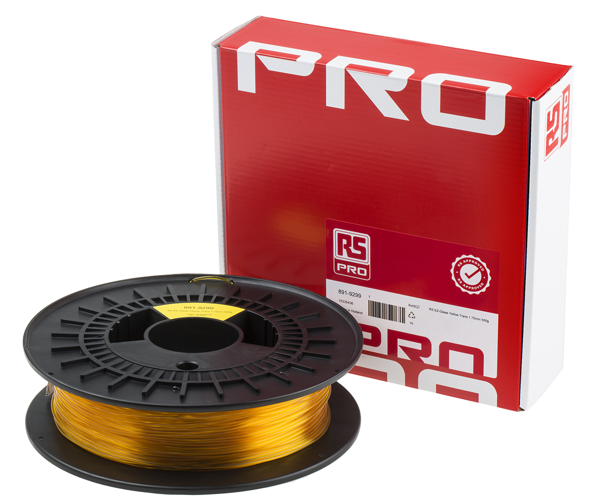 891-9299 RS PRO 1.75 mm Translucent Yellow PET-G 3D Printer Filament, 500 g